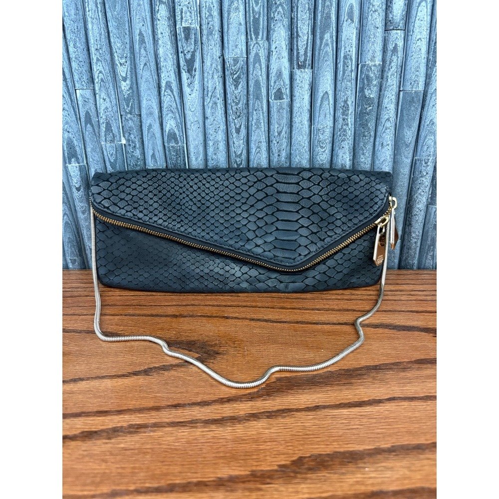 Henri Bendel Black Snake Embossed Leather Envelope Clutch Crossbody Bag